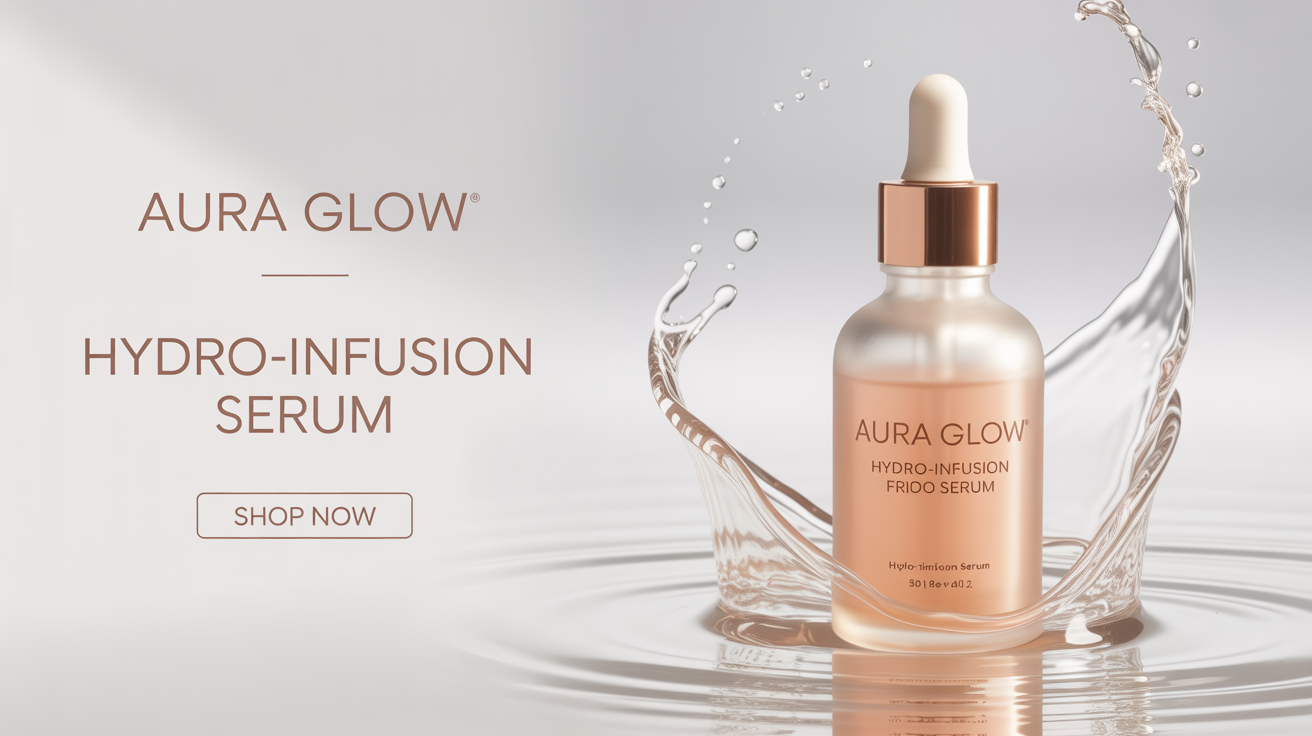 A promotional banner for a cosmetic product, showing a luxury serum bottle with water splashes on a white background, next to text reading 'Aura Glow Hydro-Infusion Serum Shop Now'.