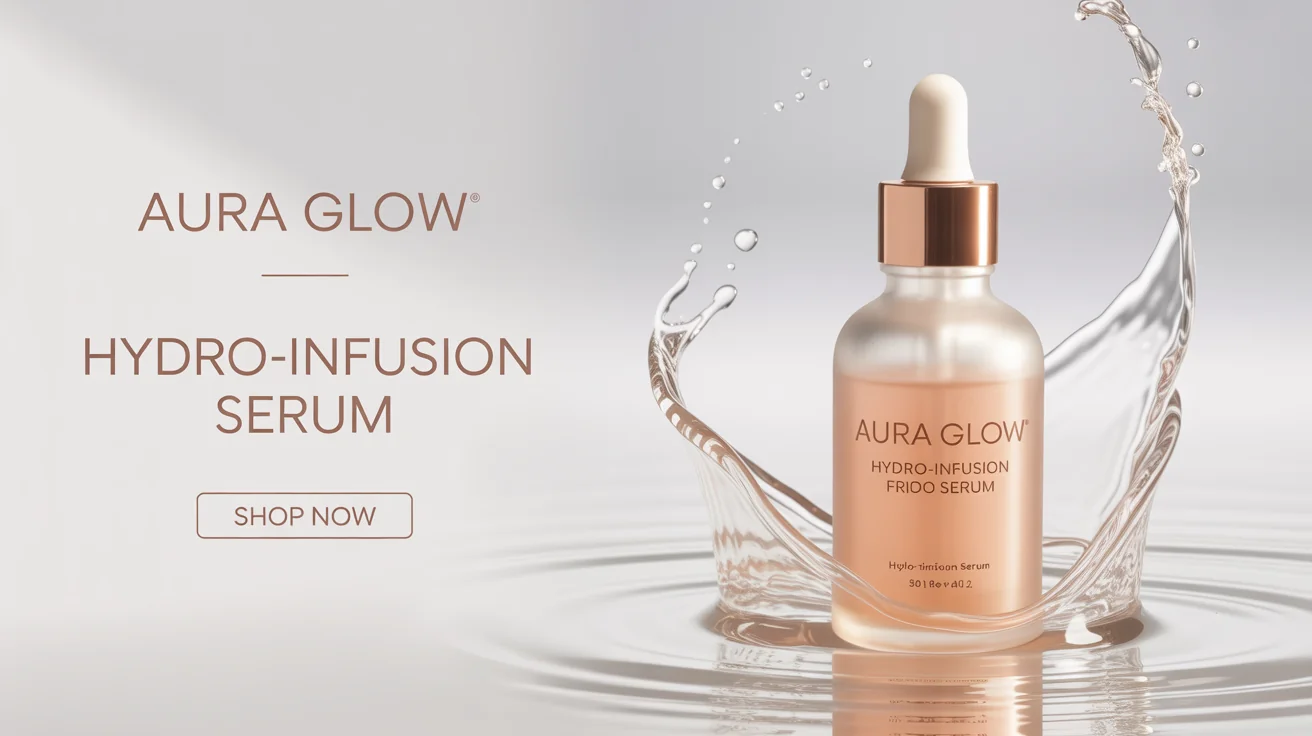 A promotional banner for a cosmetic product, showing a luxury serum bottle with water splashes on a white background, next to text reading 'Aura Glow Hydro-Infusion Serum Shop Now'.