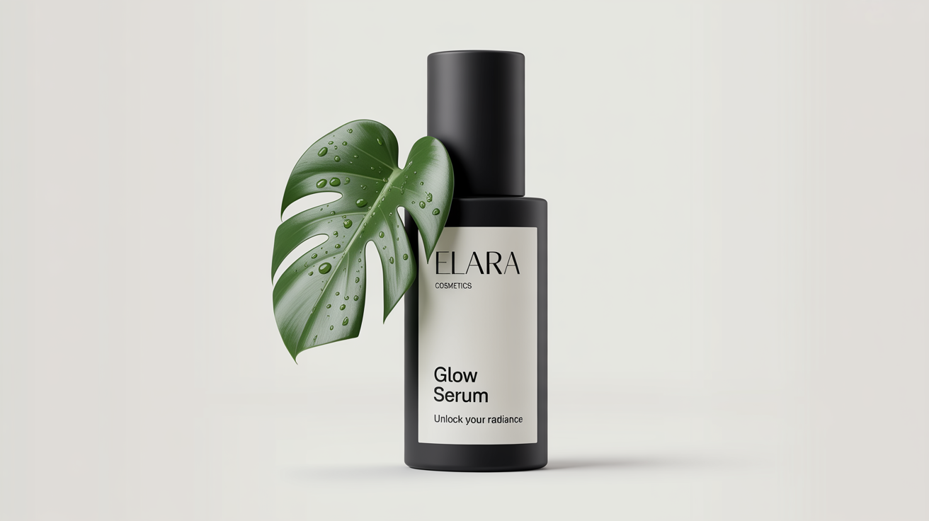 A minimalist cosmetic banner showing a sleek black bottle labeled 'ELARA Glow Serum' next to a dewy green monstera leaf on a clean white background.