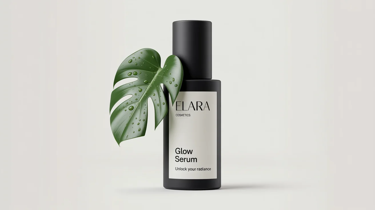A minimalist cosmetic banner showing a sleek black bottle labeled 'ELARA Glow Serum' next to a dewy green monstera leaf on a clean white background.