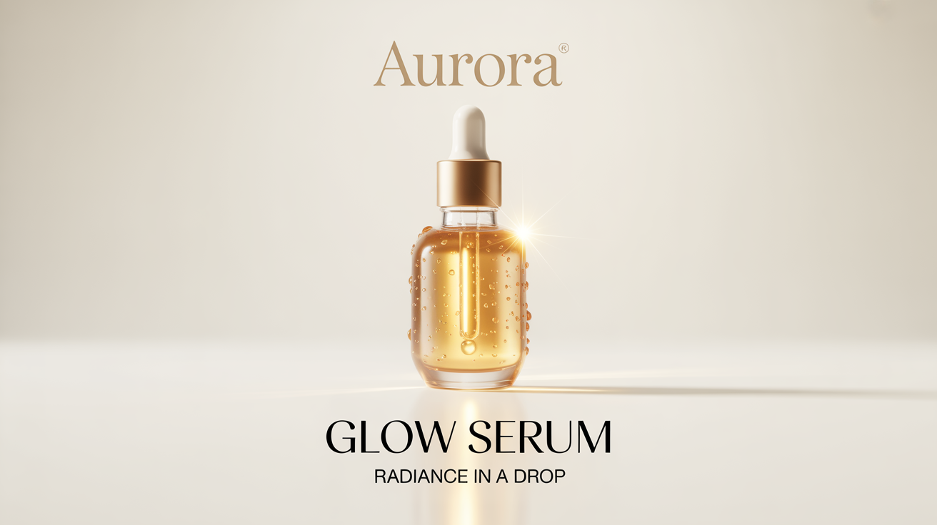 A luxurious cosmetic banner for 'AURORA' brand 'Glow Serum'. A bottle of golden serum is on the left, with text on the right against a clean, off-white background.