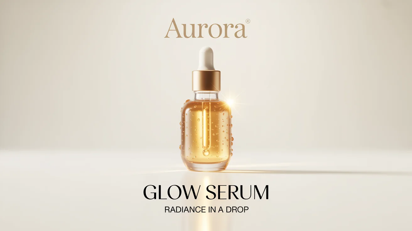 A luxurious cosmetic banner for 'AURORA' brand 'Glow Serum'. A bottle of golden serum is on the left, with text on the right against a clean, off-white background.
