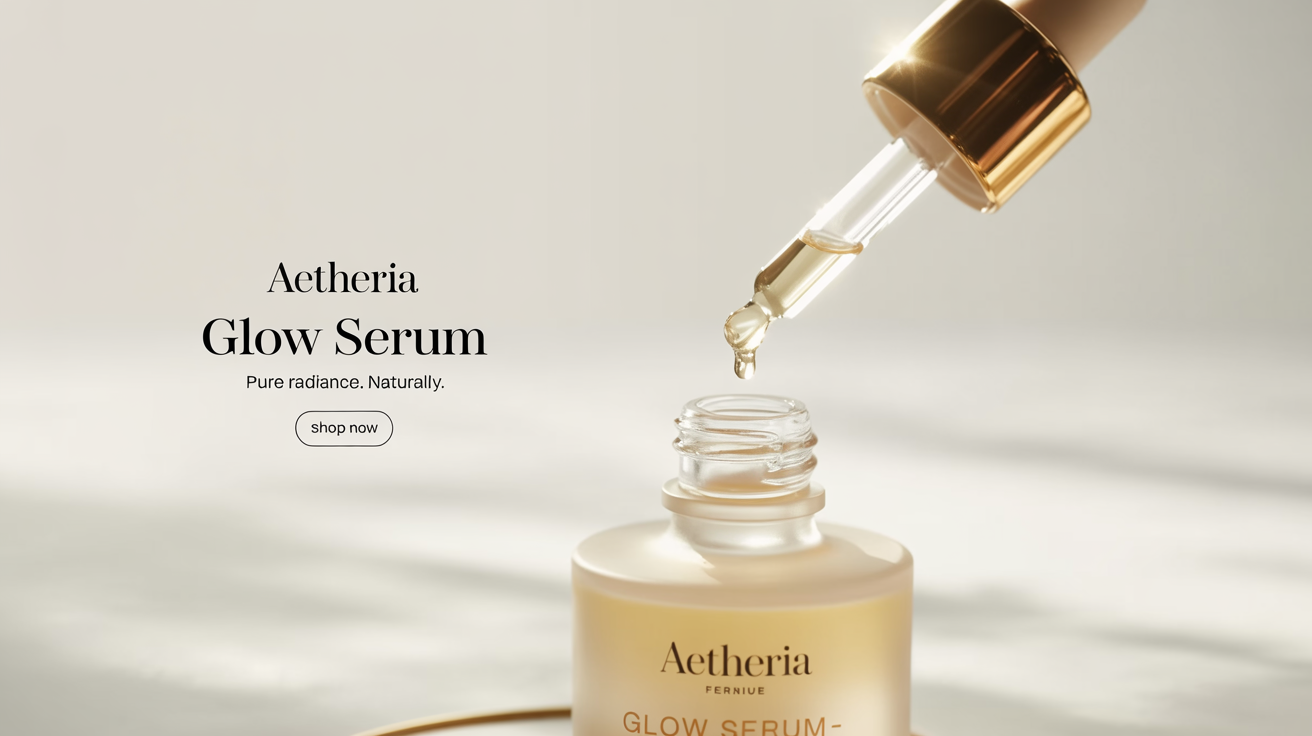 A luxurious cosmetic banner for 'Aetheria Glow Serum'. It shows a sleek serum bottle with a gold dropper against a clean white background, with text promoting 'Pure Radiance' and a 'Shop Now' button.