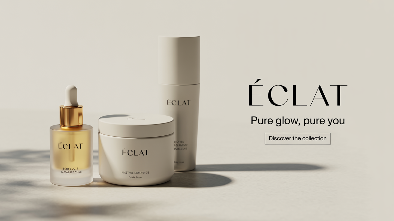 A luxury cosmetic banner mockup for a brand named 'ÉCLAT'. It features a serum bottle, cream jar, and tube against a white background, with the text 'Pure Glow, Pure You' and 'Discover the Collection'.