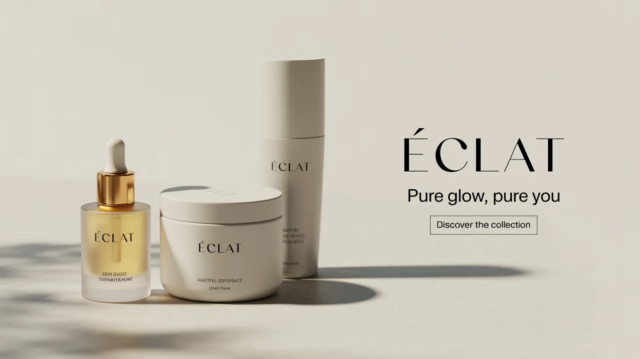 A luxury cosmetic banner mockup for a brand named 'ÉCLAT'. It features a serum bottle, cream jar, and tube against a white background, with the text 'Pure Glow, Pure You' and 'Discover the Collection'.