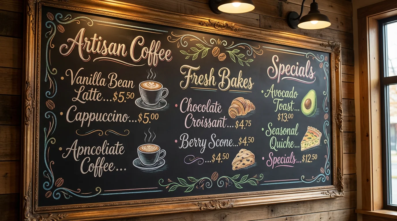 A professionally designed, eye-catching chalkboard menu for a café, displayed in a 16:9 format. The menu uses vibrant, colorful chalk for text and whimsical illustrations, featuring sections for coffee, baked goods, and specials with fictional prices.