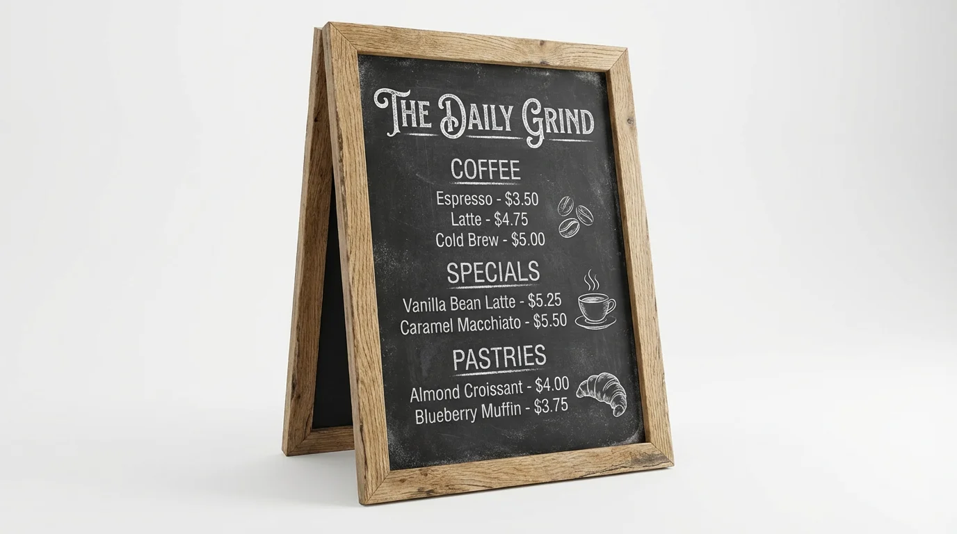 A rustic chalkboard menu with a wooden frame for a cafe called 'The Daily Grind', featuring prices for coffee and pastries, displayed against a clean white background.