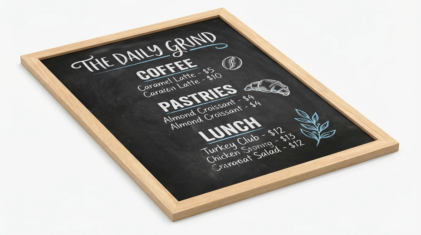 A professionally designed chalkboard menu with a light wood frame against a white background. The menu is titled 'THE DAILY GRIND' and lists coffee, pastries, and lunch items in beautiful chalk handwriting.