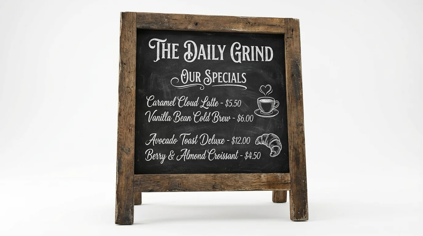 A beautifully designed rustic A-frame chalkboard menu for a fictional cafe called 'The Daily Grind', showcasing coffee and food specials with elegant chalk typography and illustrations, set against a clean white background.