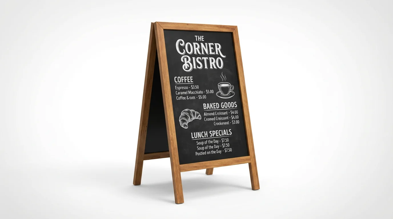 A photorealistic mockup of a wooden A-frame chalkboard menu for a bistro, featuring elegant chalk typography and illustrations, set against a clean white background.