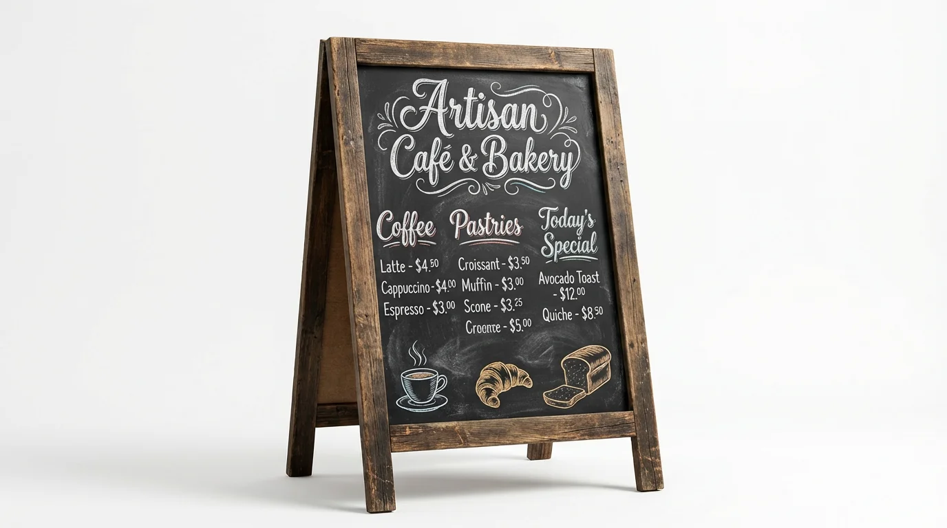 A rustic wooden A-frame chalkboard menu for an 'Artisan Cafe & Bakery', displaying coffee and pastry options in beautiful chalk handwriting on a white background.