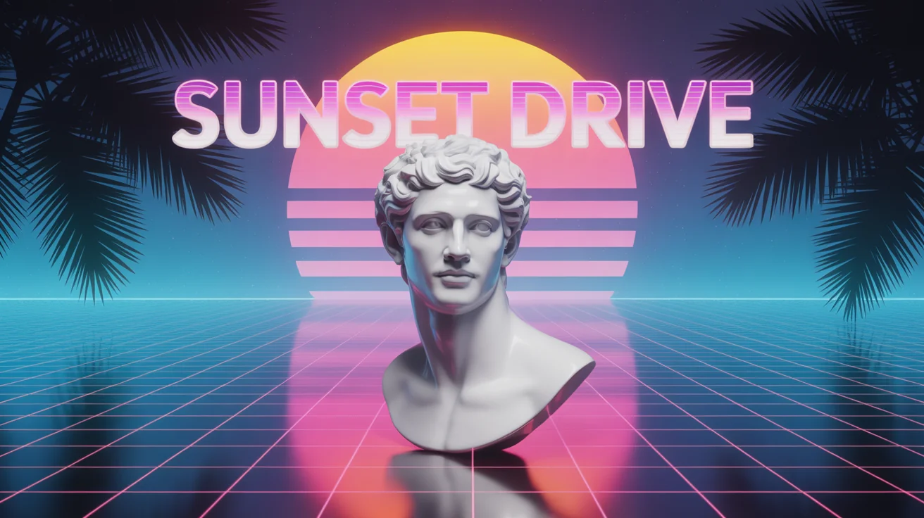 A finished vaporwave-style banner featuring a Roman statue, palm trees, a neon grid, and a synthwave sun, with the text 'SUNSET DRIVE' at the top.