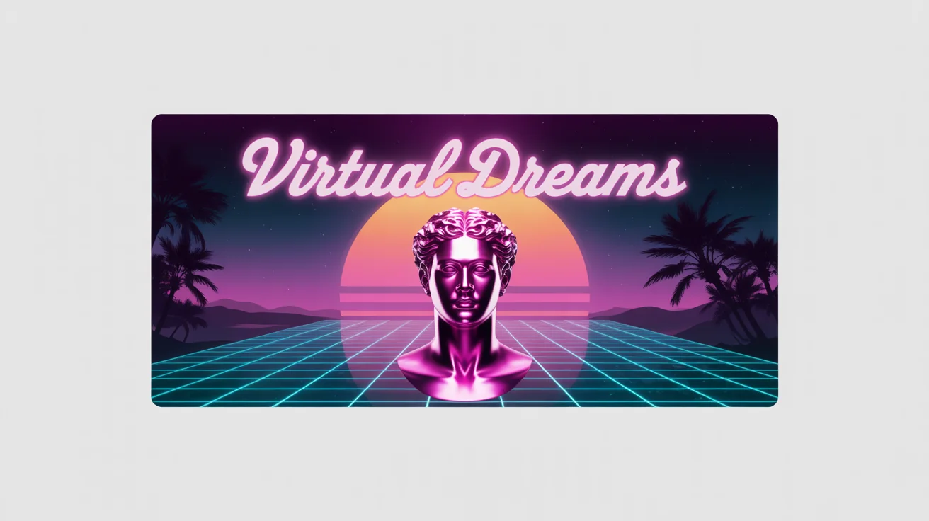 A mockup of a horizontal vaporwave banner against a white background. The banner shows a pink chrome statue, a digital grid landscape with a setting sun, palm tree silhouettes, and the legible words 'VIRTUAL DREAMS' in a neon font.