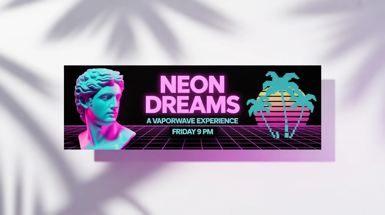 A mockup of a vaporwave banner on a white background, featuring a Greco-Roman bust, palm trees, a digital sunset, and the words 'NEON DREAMS'.