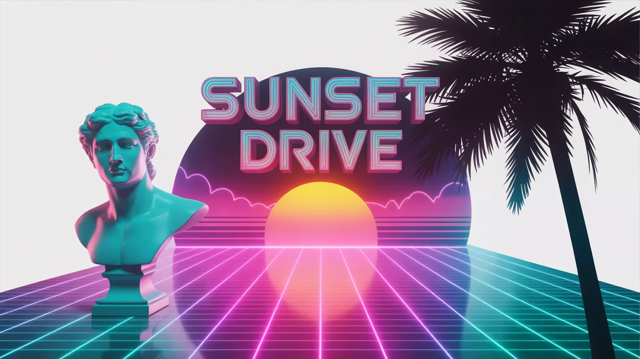 A mockup of a vaporwave-style banner featuring a Roman statue, a digital sunset over a grid landscape, a palm tree, and the text 'SUNSET DRIVE' in neon letters.