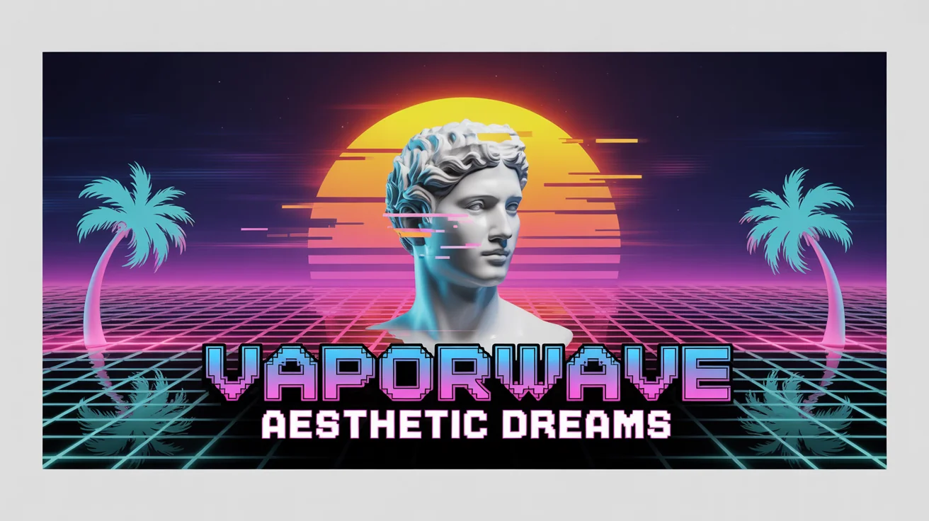 A mockup of a long, horizontal vaporwave banner on a white background. The banner features a neon grid, a setting sun, a Roman statue, and palm trees, with the text 'VAPORWAVE' and 'AESTHETIC DREAMS' in retro fonts.