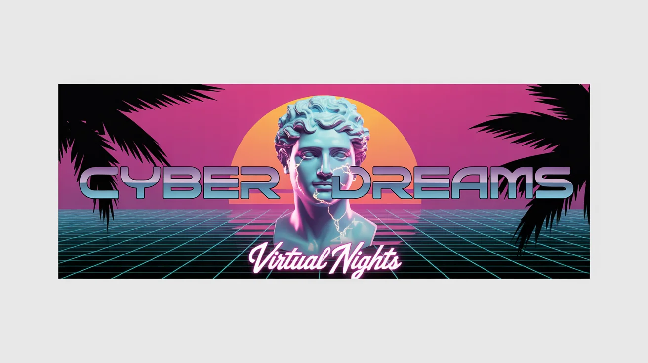 A mockup of a horizontal vaporwave banner on a white background. The design includes a Roman statue, palm trees, a neon grid sunset, and the words 'CYBER DREAMS' and 'VIRTUAL NIGHTS' in retro fonts.