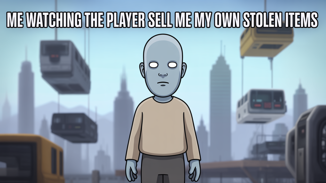An NPC meme showing a generic-looking video game character with a blank expression. The text reads, "Me watching the player sell me my own stolen items," satirizing the simplistic logic of non-player characters in video games.