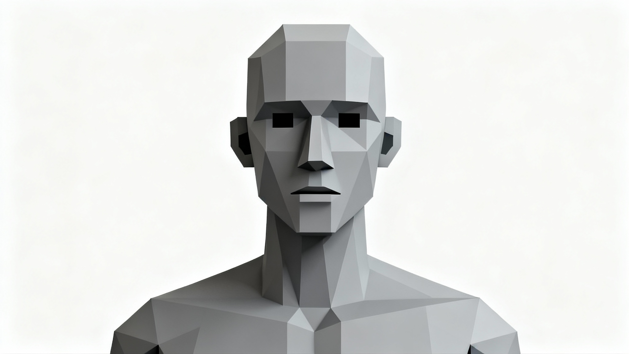A 3D render of a gray, low-polygon character's head and shoulders, representing the NPC meme, with a blank expression on a white background.