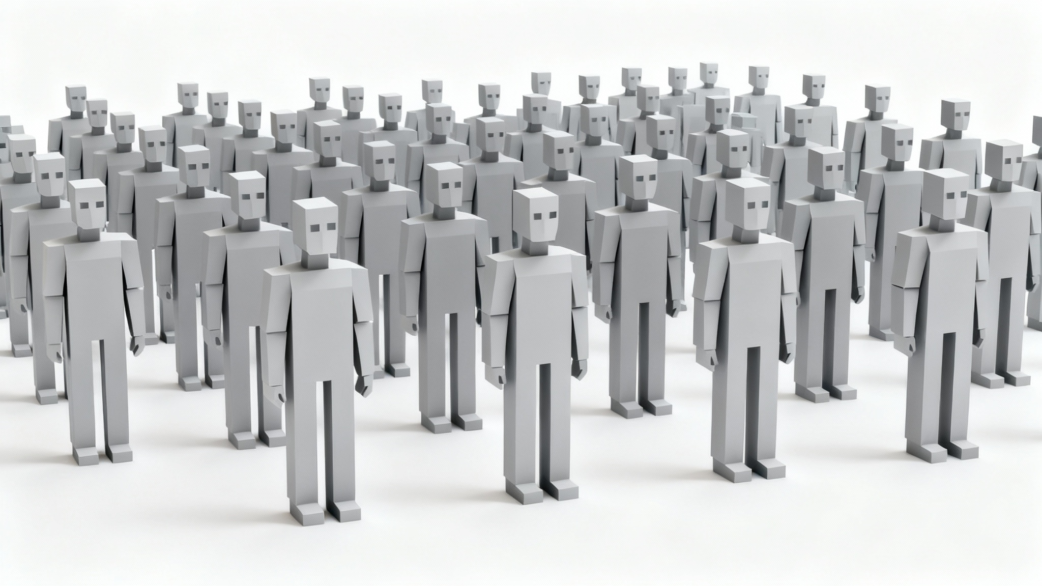 A 3D rendering of a group of identical, gray, featureless humanoid figures, representing the NPC meme, standing in organized rows on a white background.