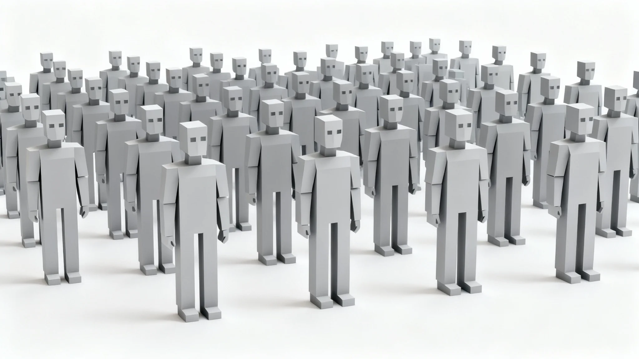 A 3D rendering of a group of identical, gray, featureless humanoid figures, representing the NPC meme, standing in organized rows on a white background.