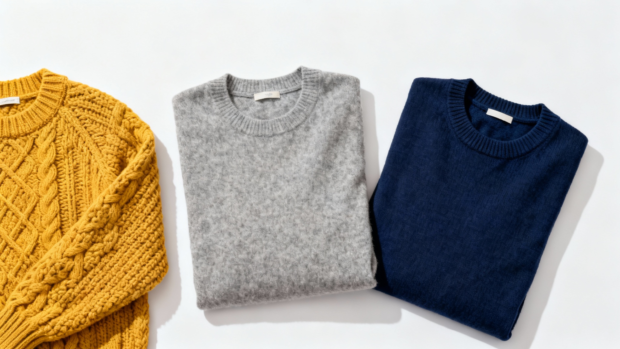 A professional product shot of three sweaters—a mustard yellow, a gray, and a navy blue—arranged neatly in a flat lay on a clean white background, representing a final e-commerce image.