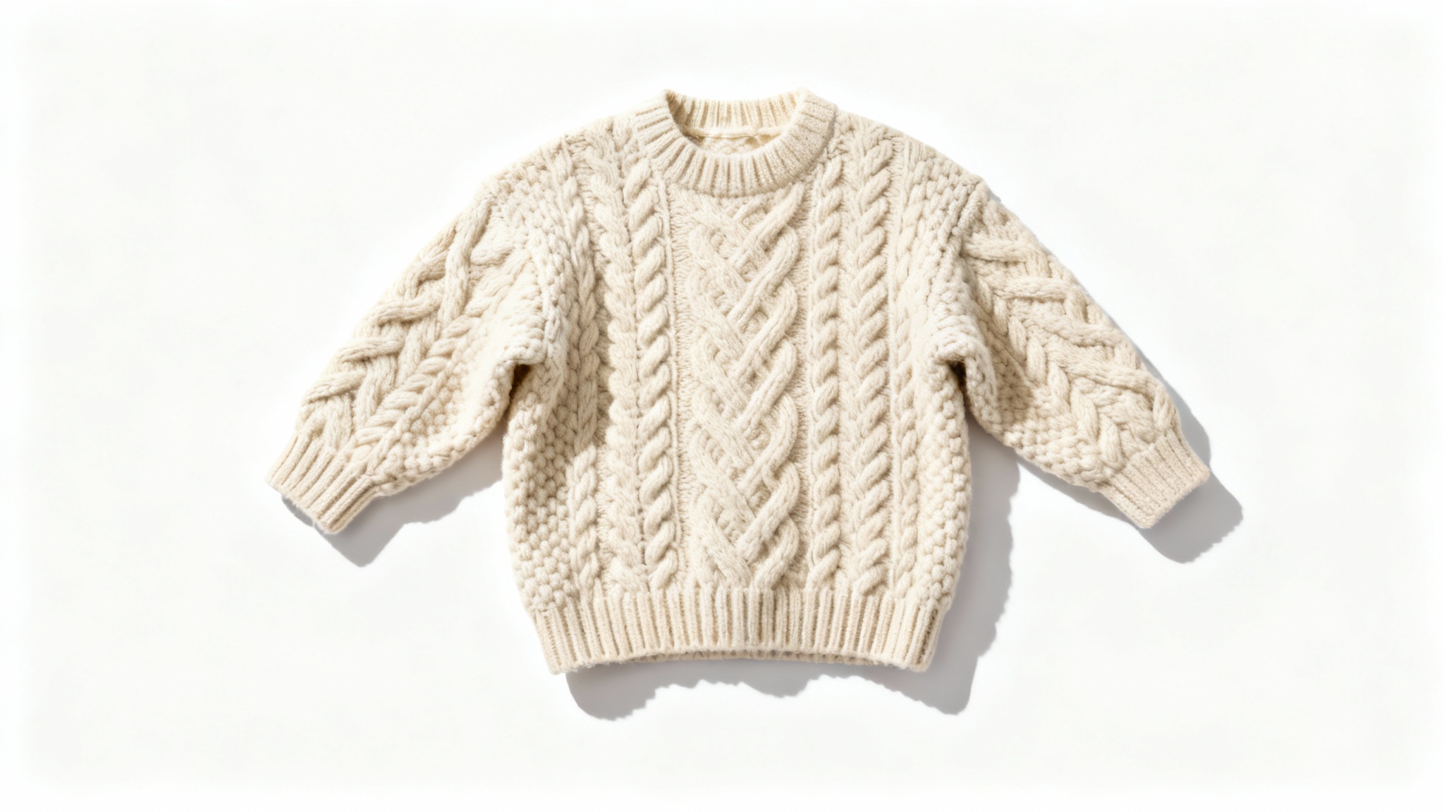 A cozy, oatmeal-colored, chunky-knit sweater laid flat on a clean white background.