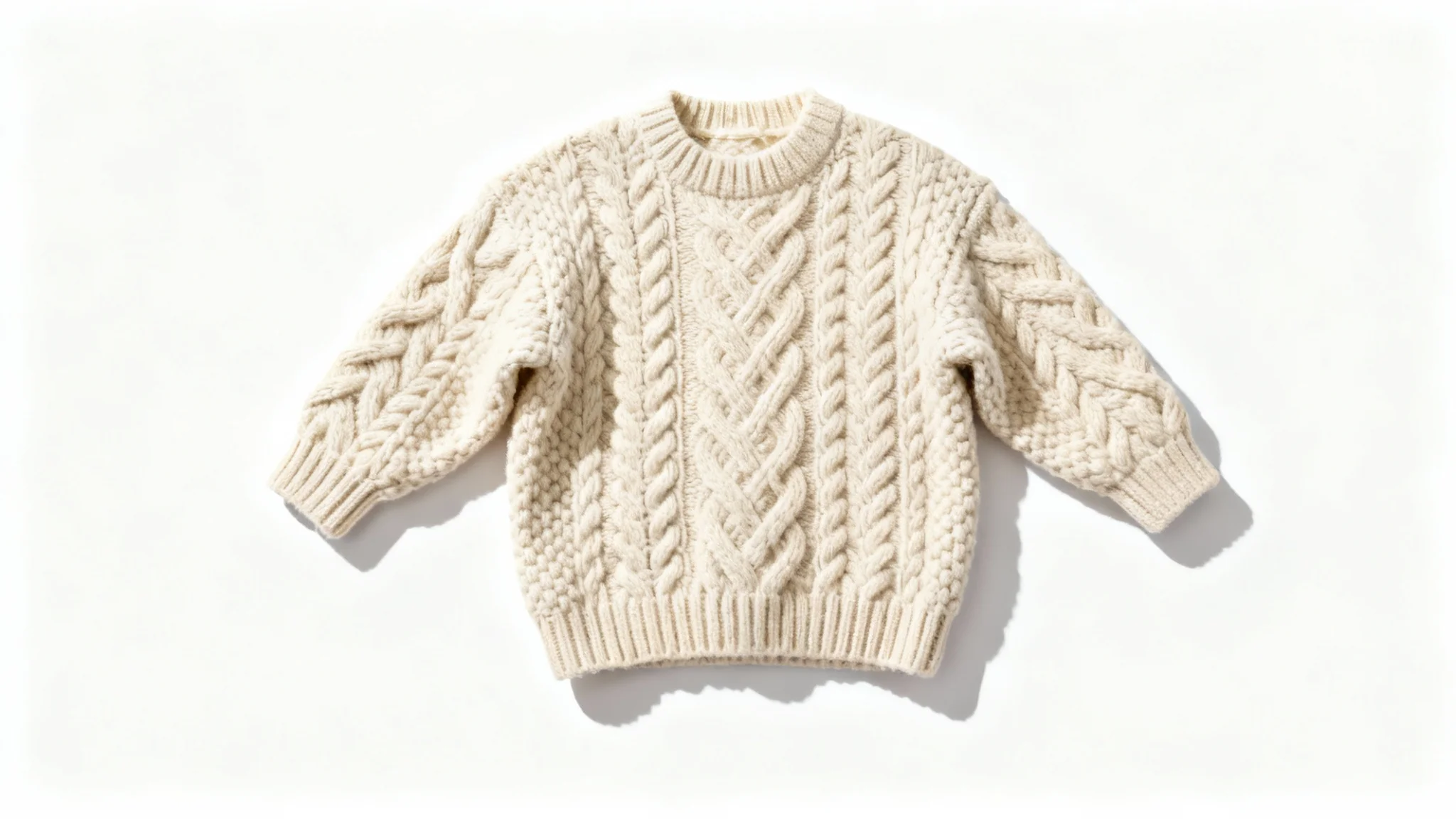 A cozy, oatmeal-colored, chunky-knit sweater laid flat on a clean white background.