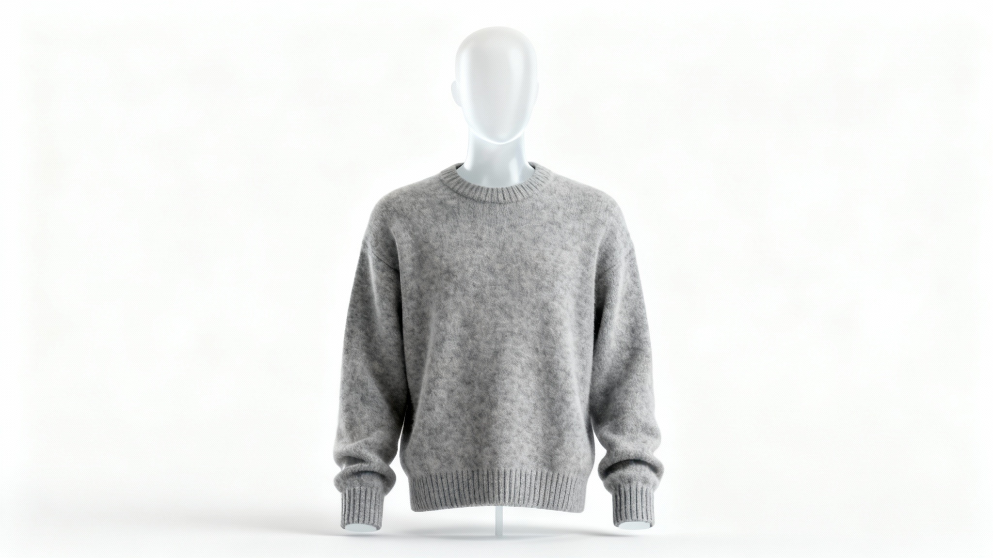 A photorealistic mockup of a heather grey wool sweater on a ghost mannequin, set against a stark white background.