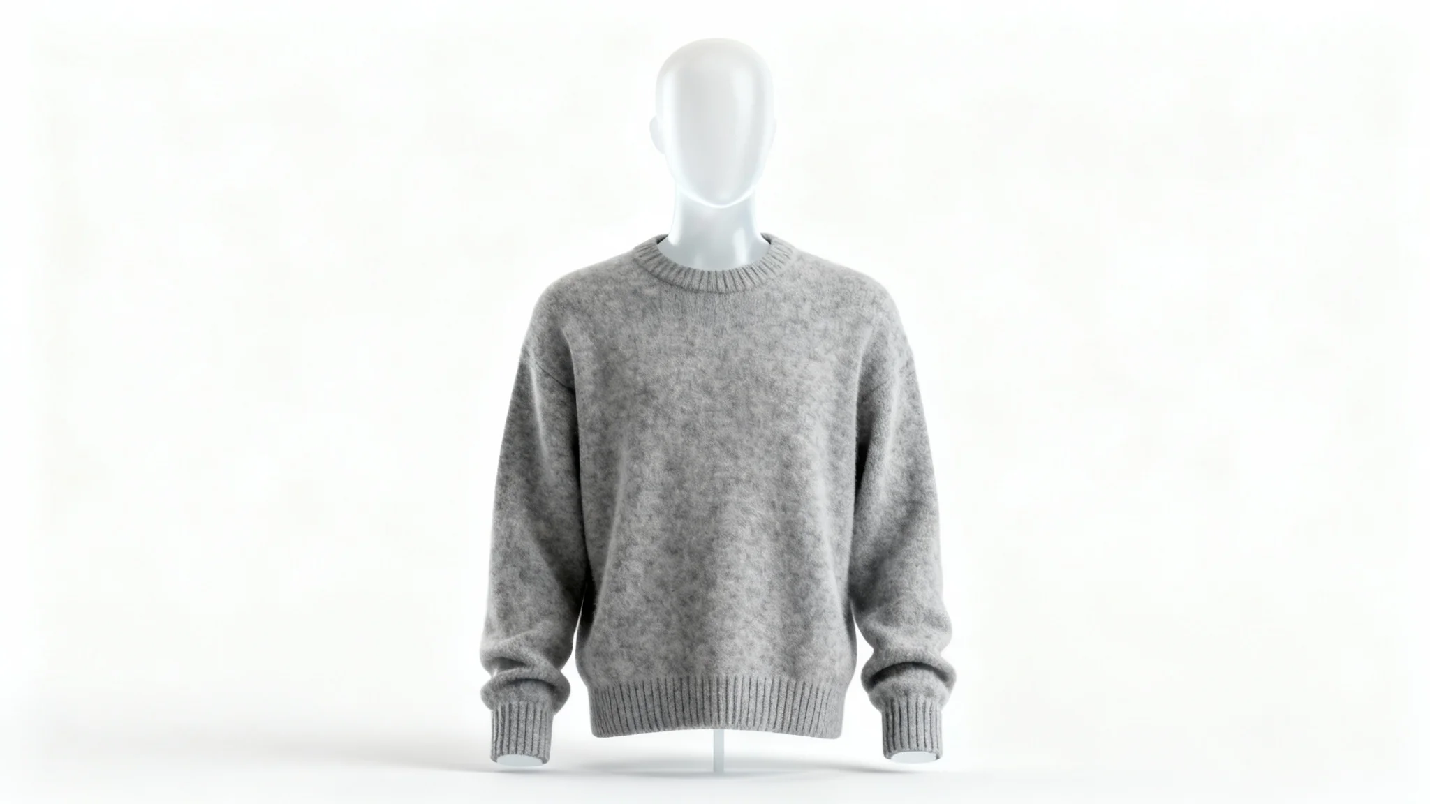 A photorealistic mockup of a heather grey wool sweater on a ghost mannequin, set against a stark white background.