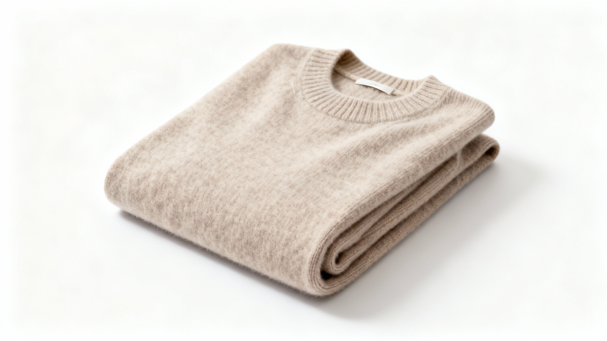 A soft, oatmeal-colored cashmere sweater, neatly folded and professionally photographed on a clean white background.