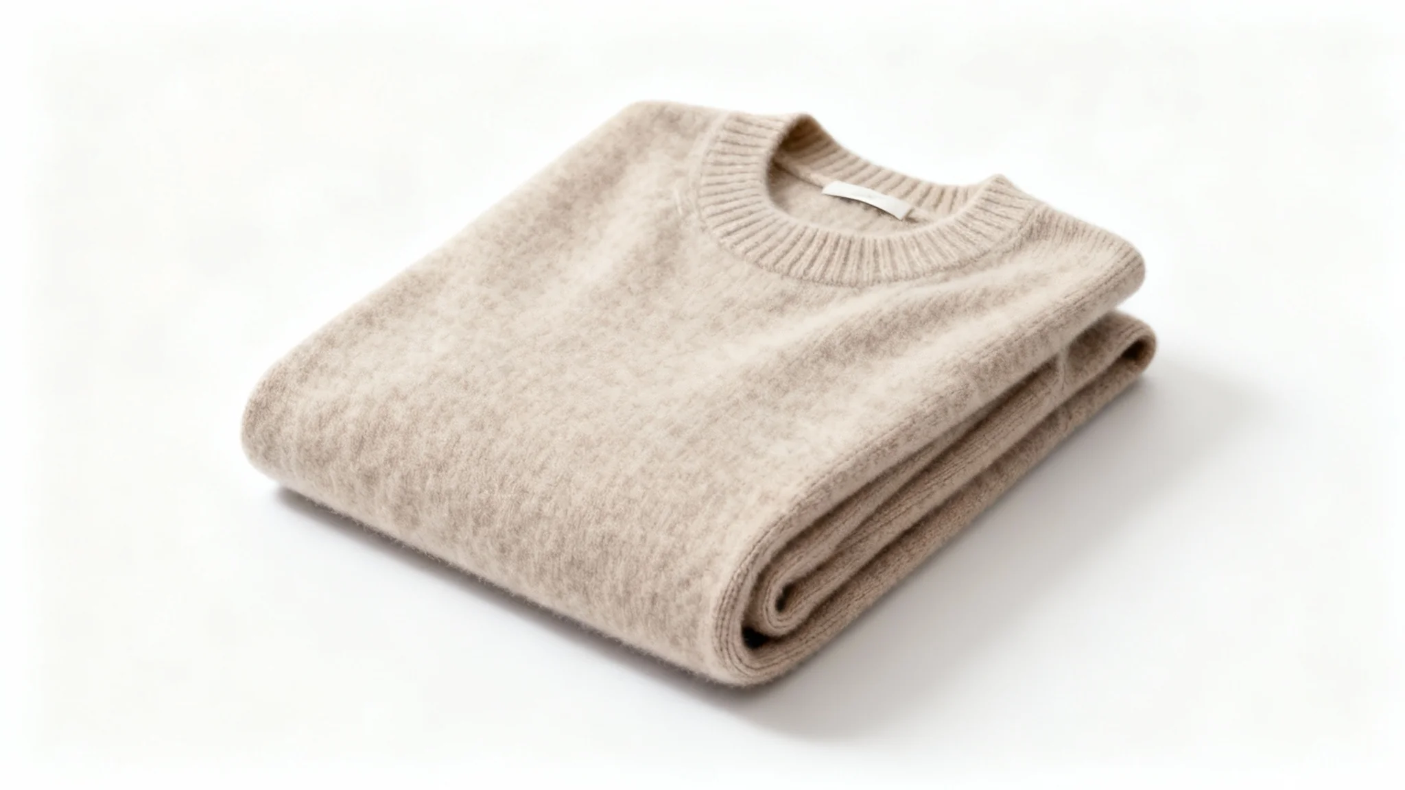 A soft, oatmeal-colored cashmere sweater, neatly folded and professionally photographed on a clean white background.