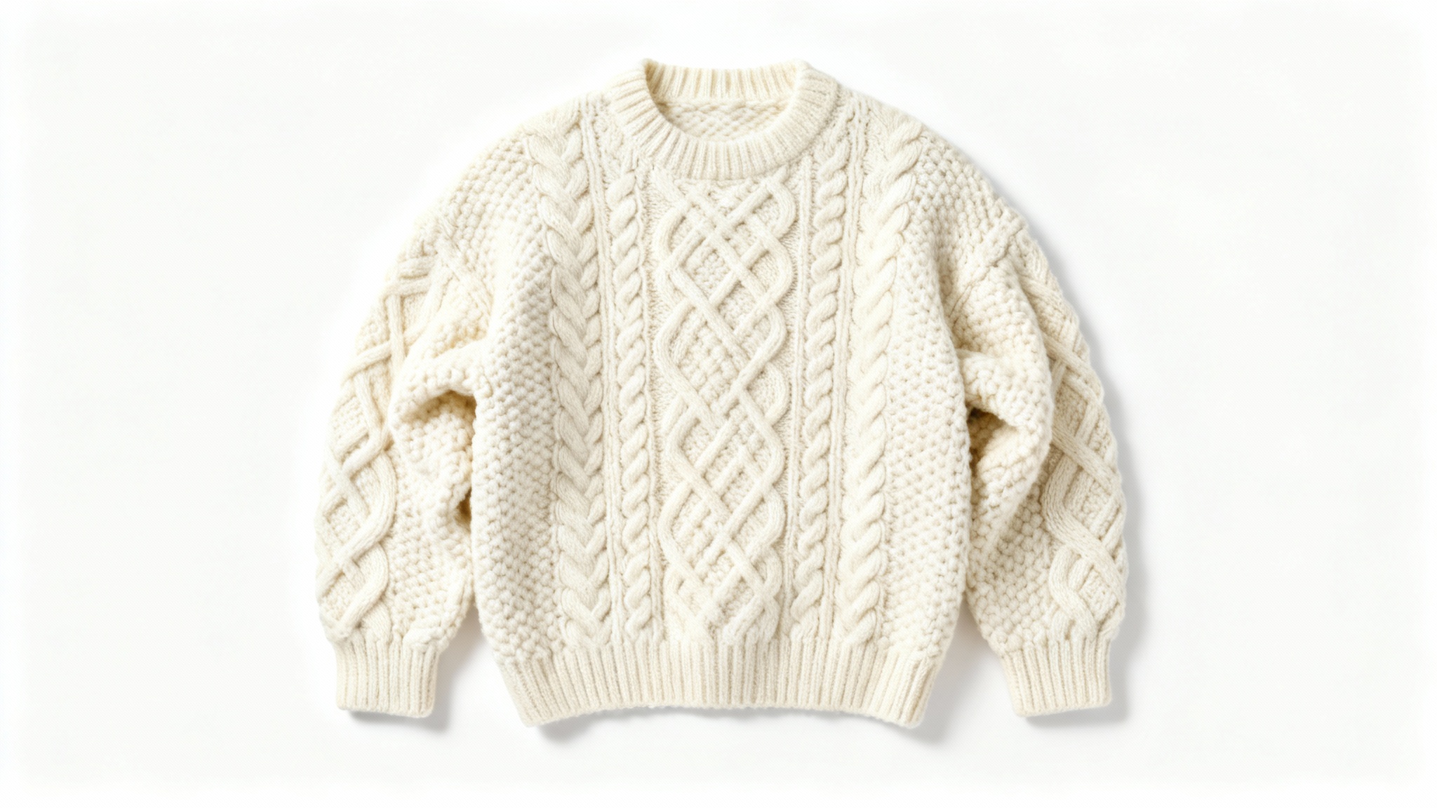 A photorealistic image of a cream-colored, chunky cable-knit sweater, neatly laid flat on a pure white background, showcasing its texture and detail.