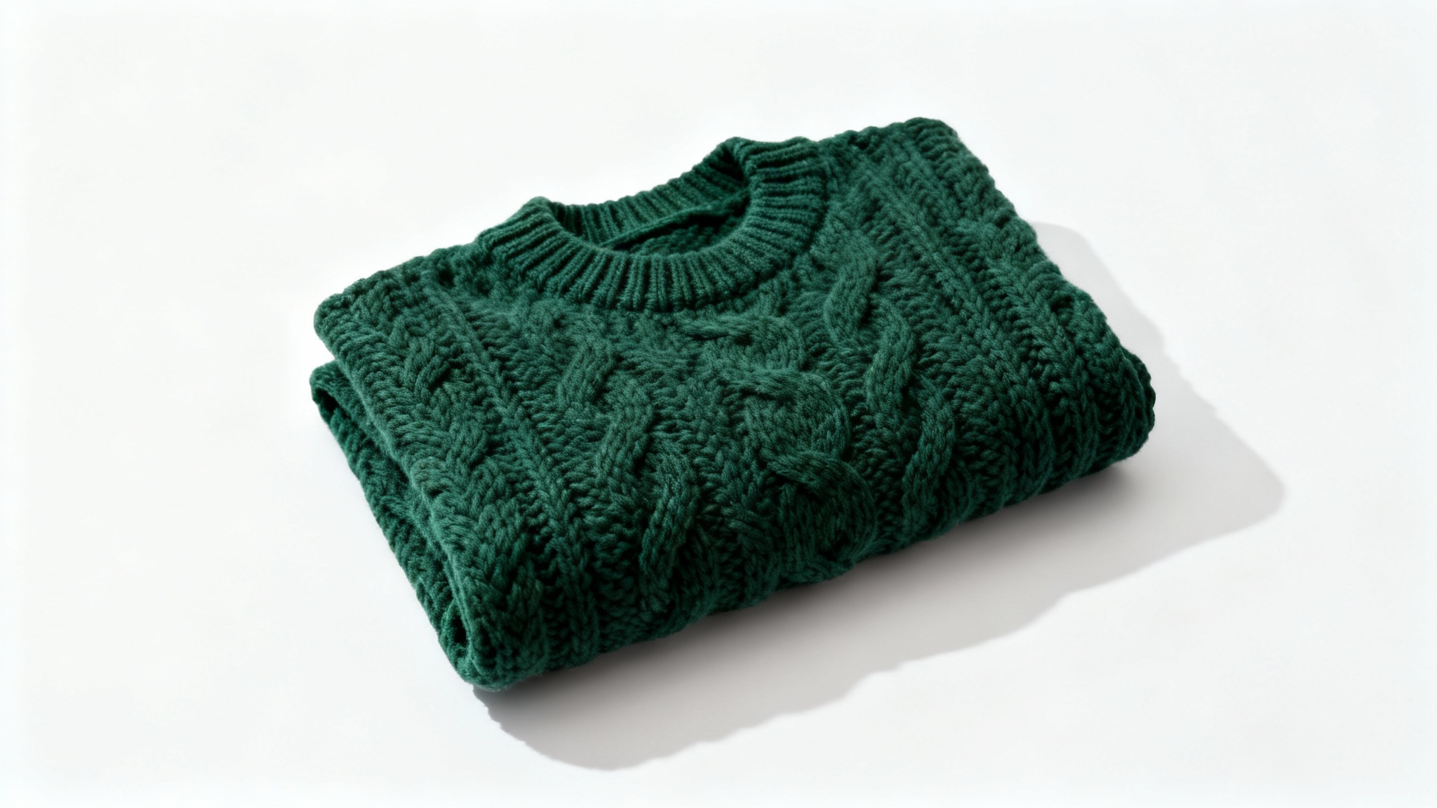 A cozy, forest green, chunky-knit sweater is neatly folded and displayed on a clean white background in a flat-lay product photo.