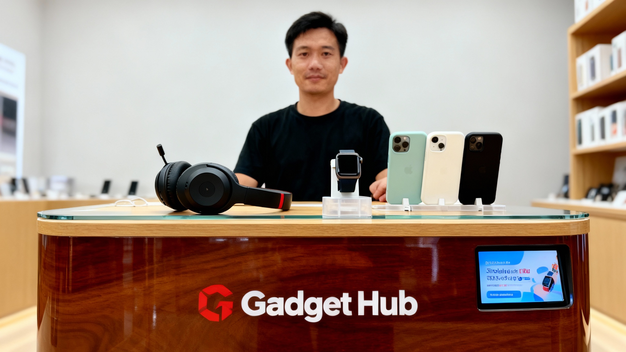 A photograph of a finished, modern wooden and glass counter display for 'Gadget Hub' installed in a trendy gadget store, showcasing products like headphones and smartwatches.