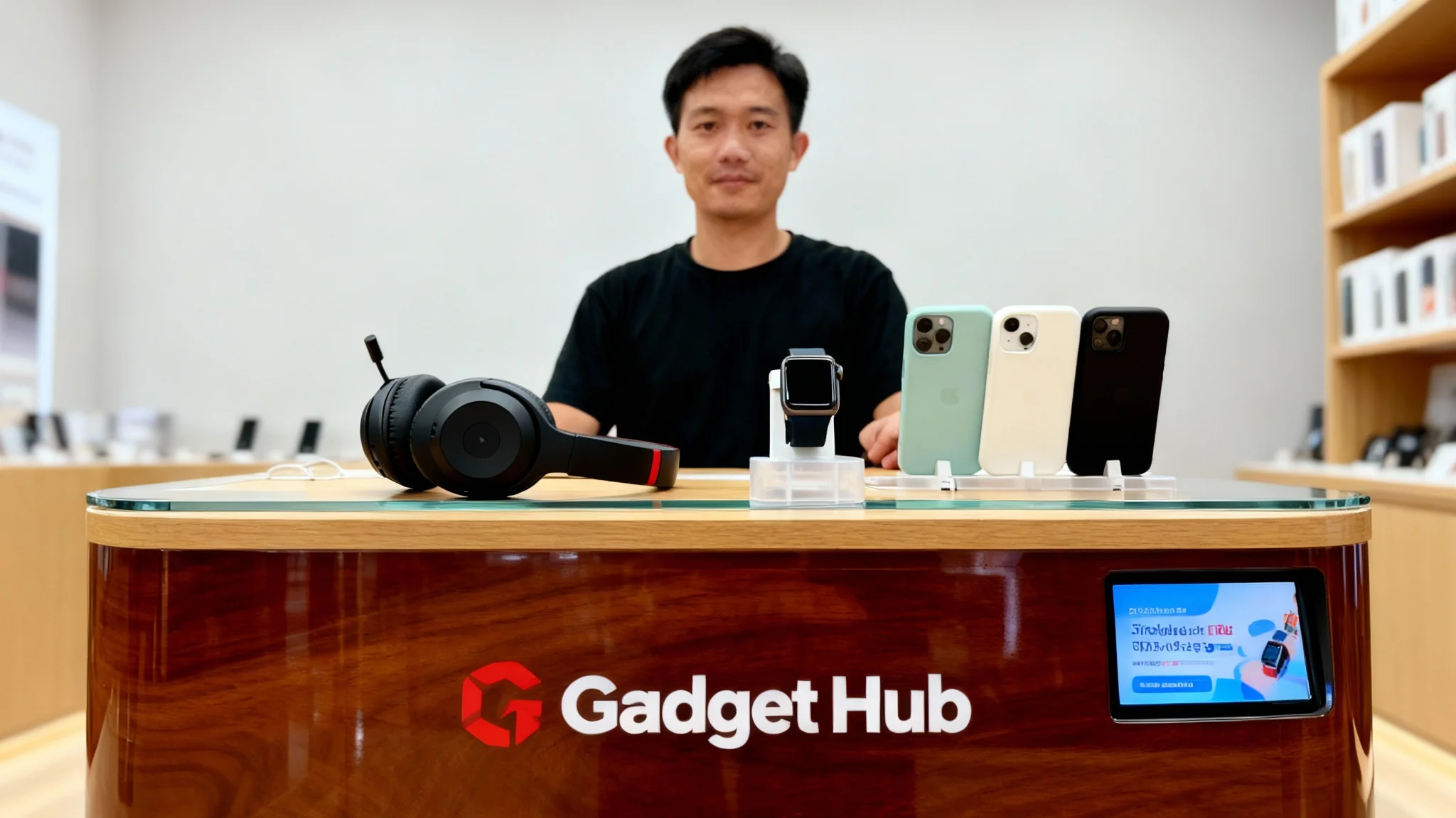 A photograph of a finished, modern wooden and glass counter display for 'Gadget Hub' installed in a trendy gadget store, showcasing products like headphones and smartwatches.