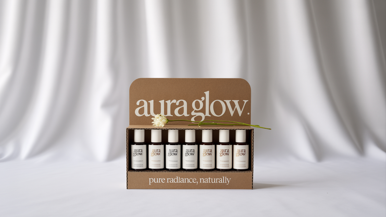 A modern cardboard counter display for a fictional skincare brand 'Aura Glow', holding small white bottles, photographed against a clean white background.
