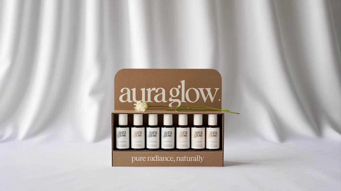 A modern cardboard counter display for a fictional skincare brand 'Aura Glow', holding small white bottles, photographed against a clean white background.