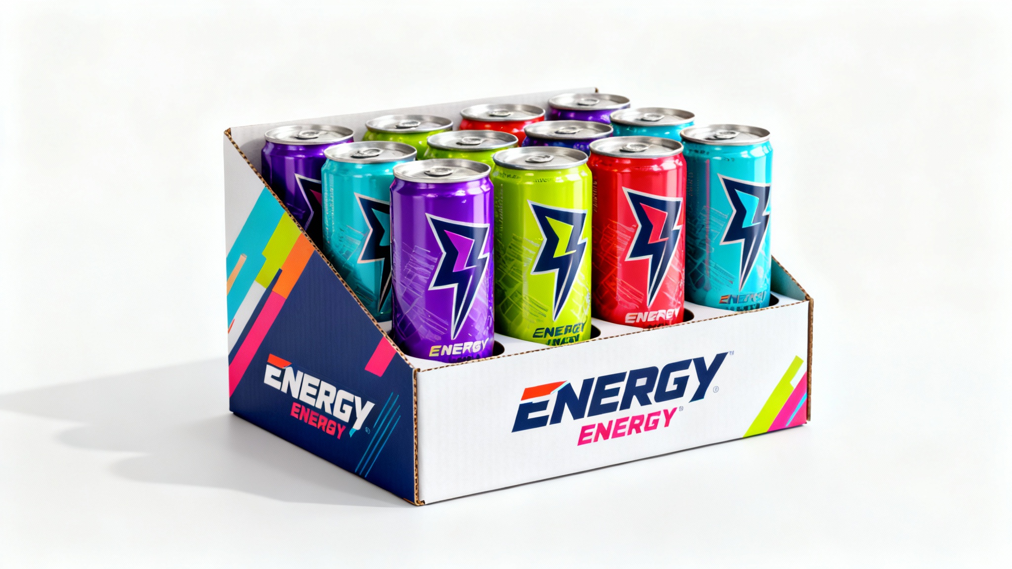 A professionally photographed mockup of a cardboard counter display holding several colorful beverage cans, set against a stark white background.
