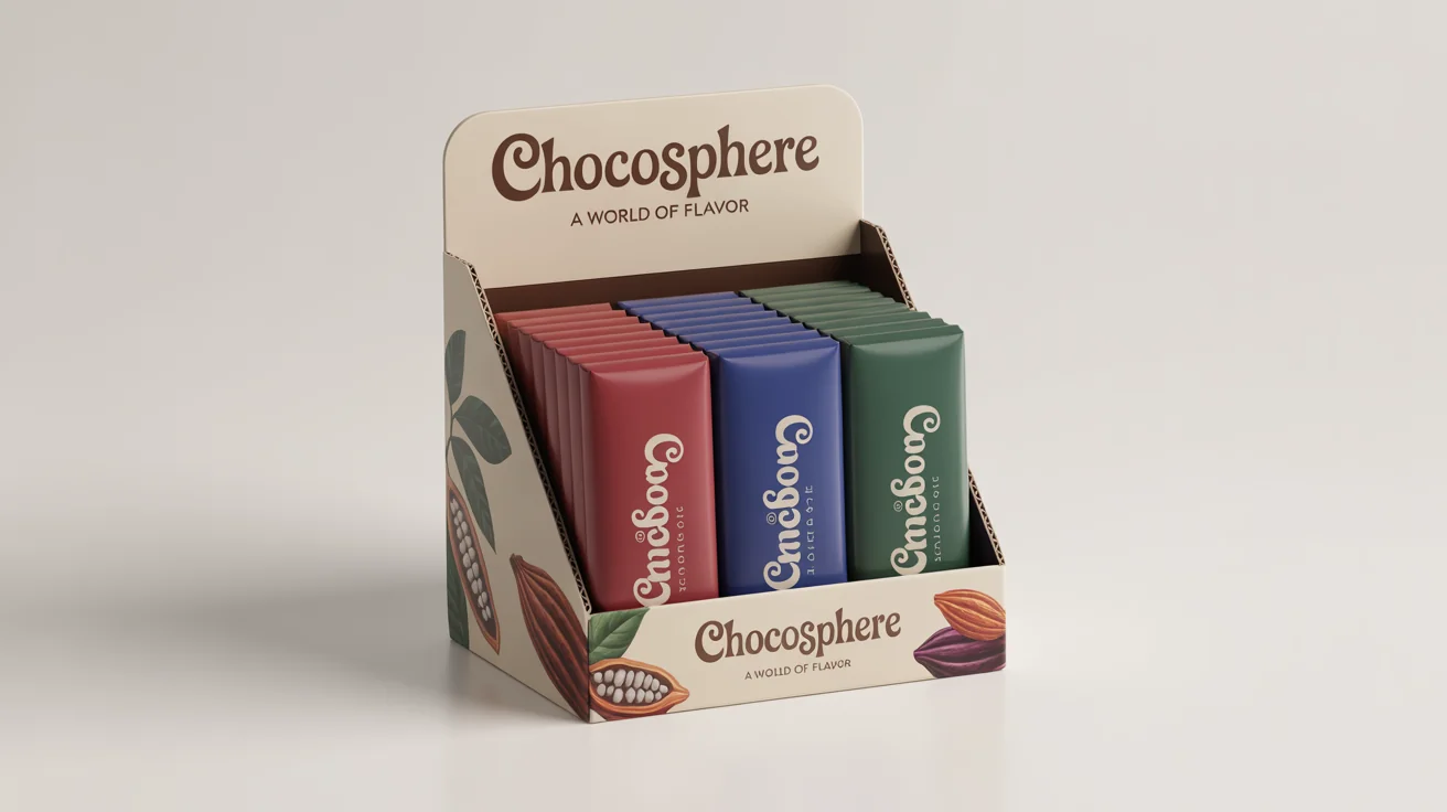 A photorealistic mockup of a branded cardboard counter display for 'ChocoSphere' artisanal chocolate, filled with colorful chocolate bars, against a plain white background.