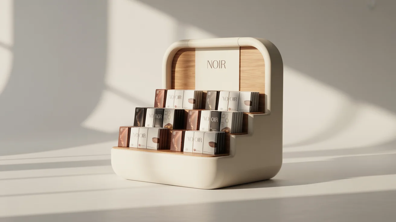 A modern counter display unit for a fictional chocolate brand named 'NOIR', made of white plastic and wood, holding elegantly packaged chocolate bars against a plain white background.