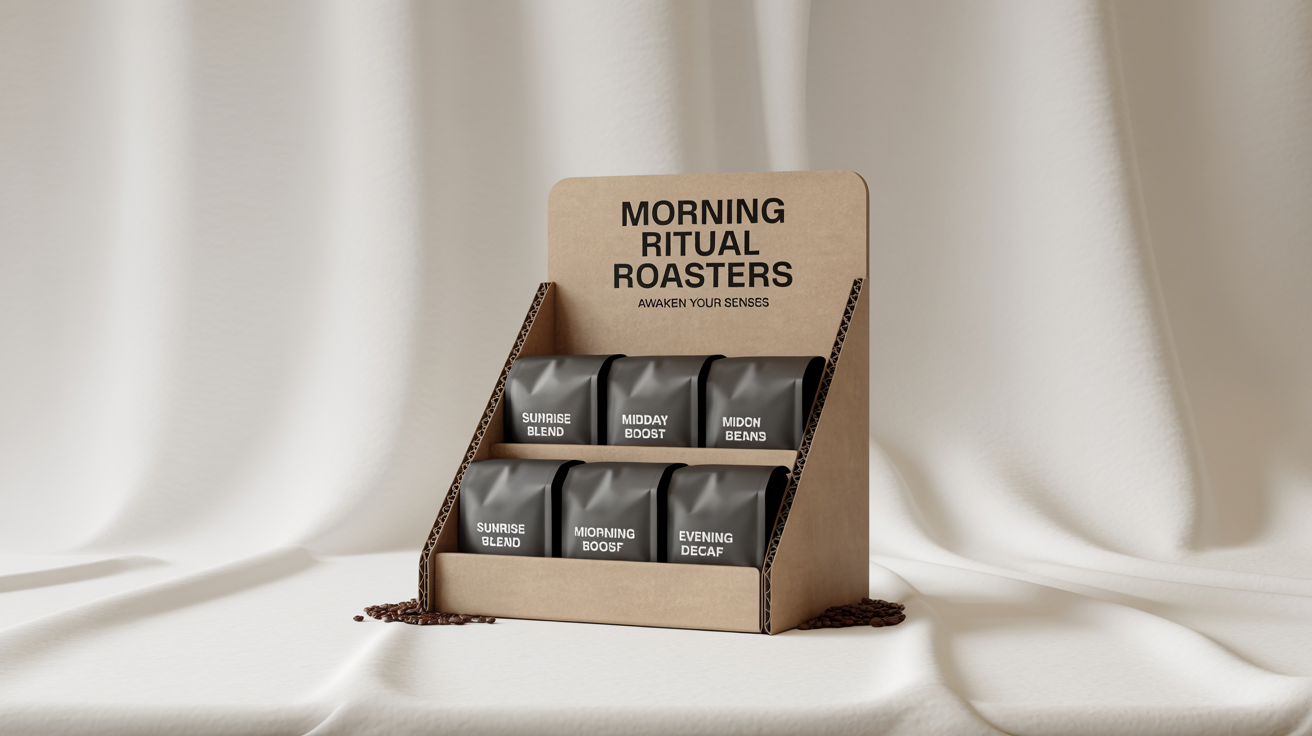 A professional mockup of a cardboard counter display for 'Morning Ritual Roasters' coffee, showing three types of coffee bags on a white background.