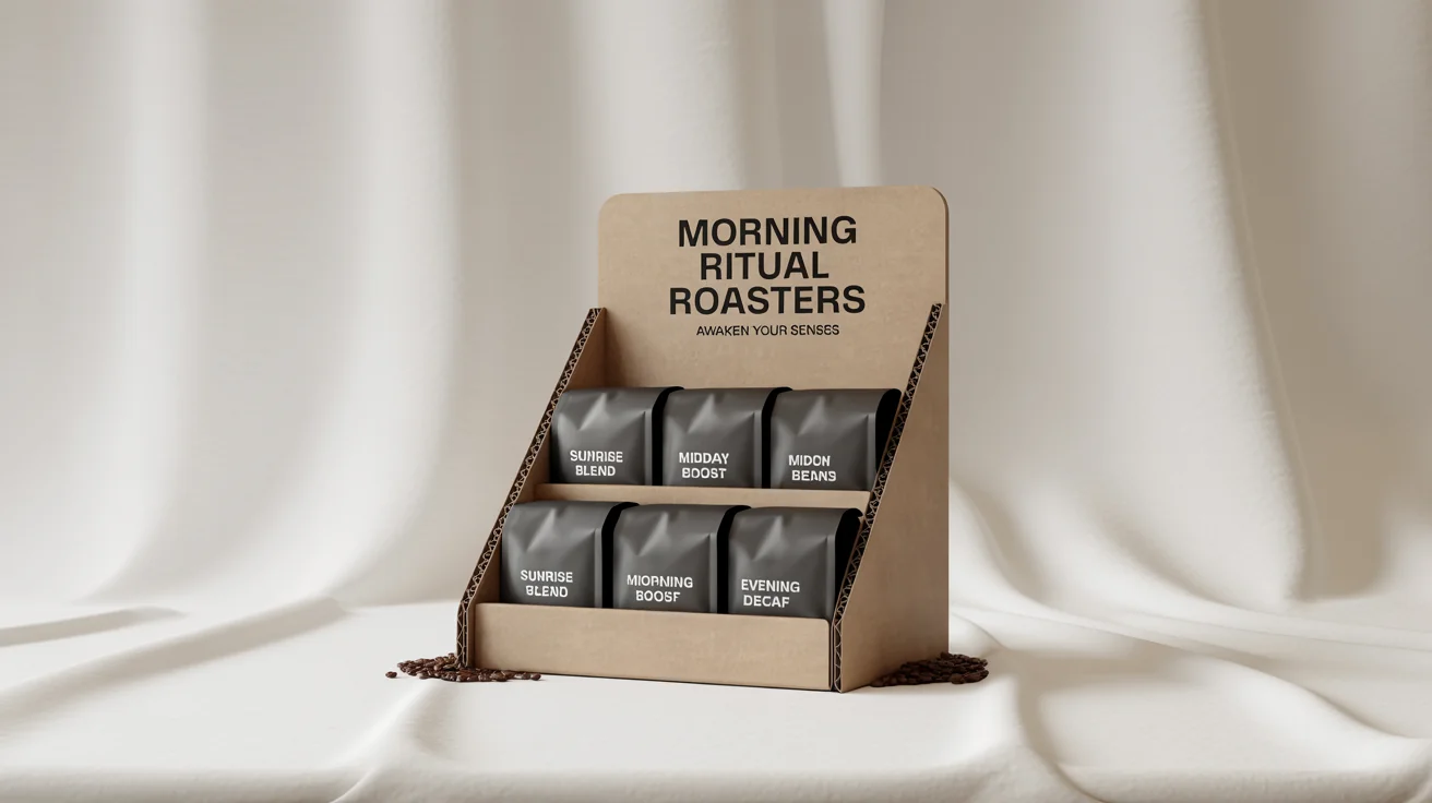 A professional mockup of a cardboard counter display for 'Morning Ritual Roasters' coffee, showing three types of coffee bags on a white background.