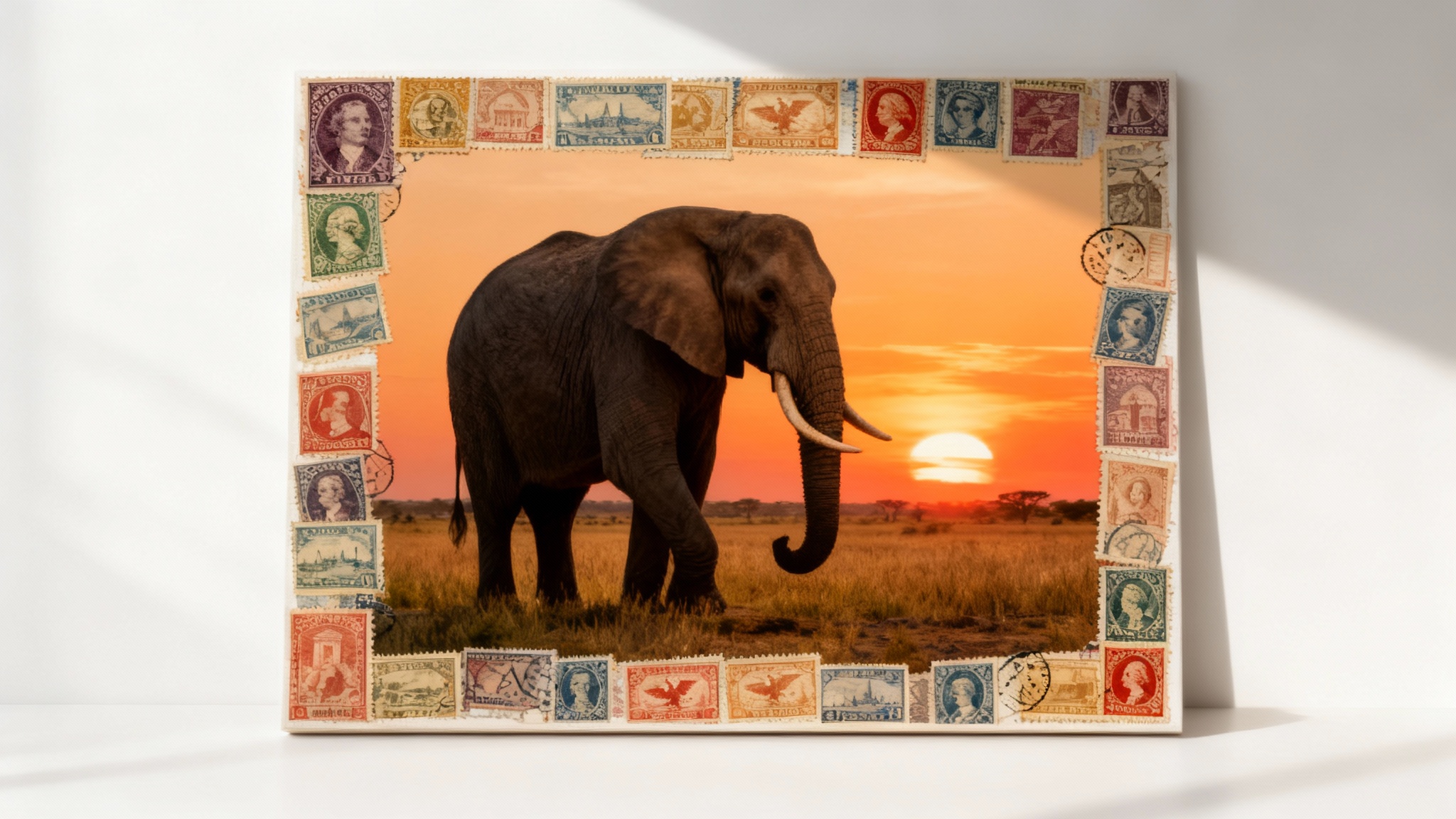 A photograph of an elephant in the savanna at sunset, beautifully framed by a border made of colorful vintage postage stamps, displayed as a finished print.