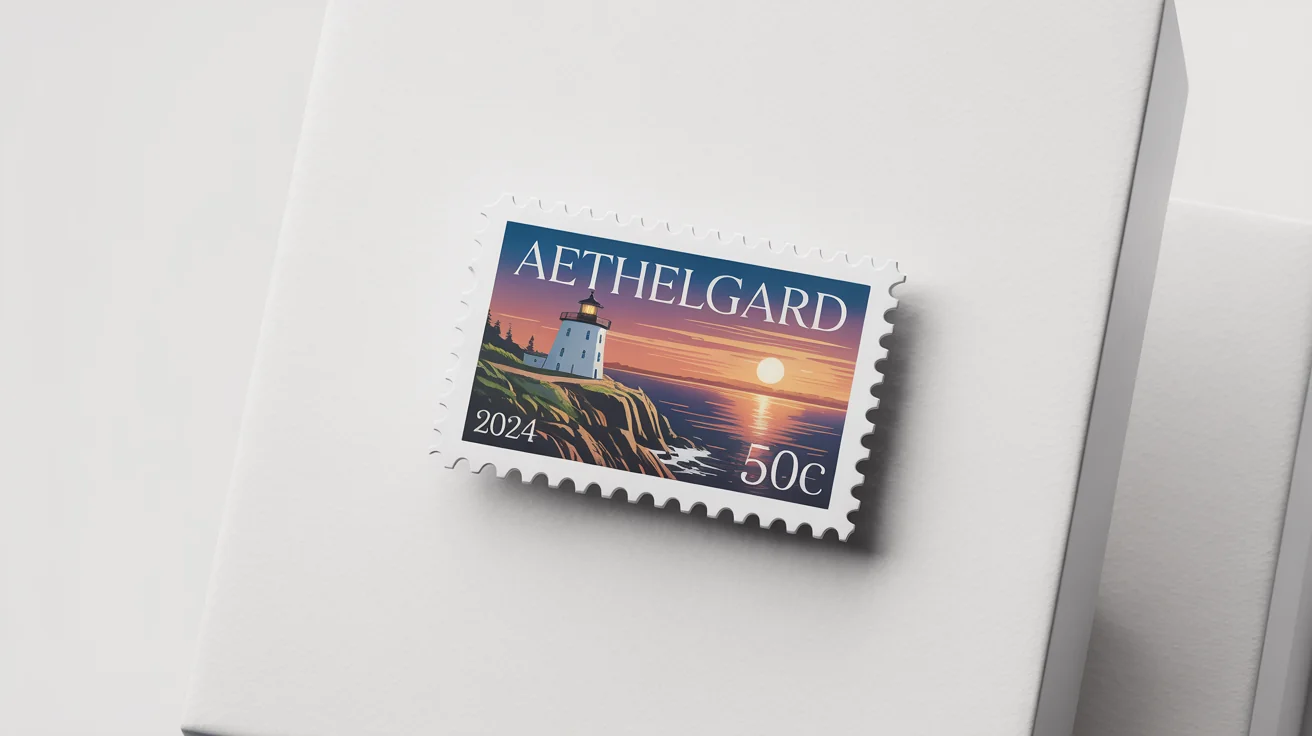A mockup of a custom postage stamp featuring a beautiful illustration of a lighthouse at sunset, displayed on a clean white background.