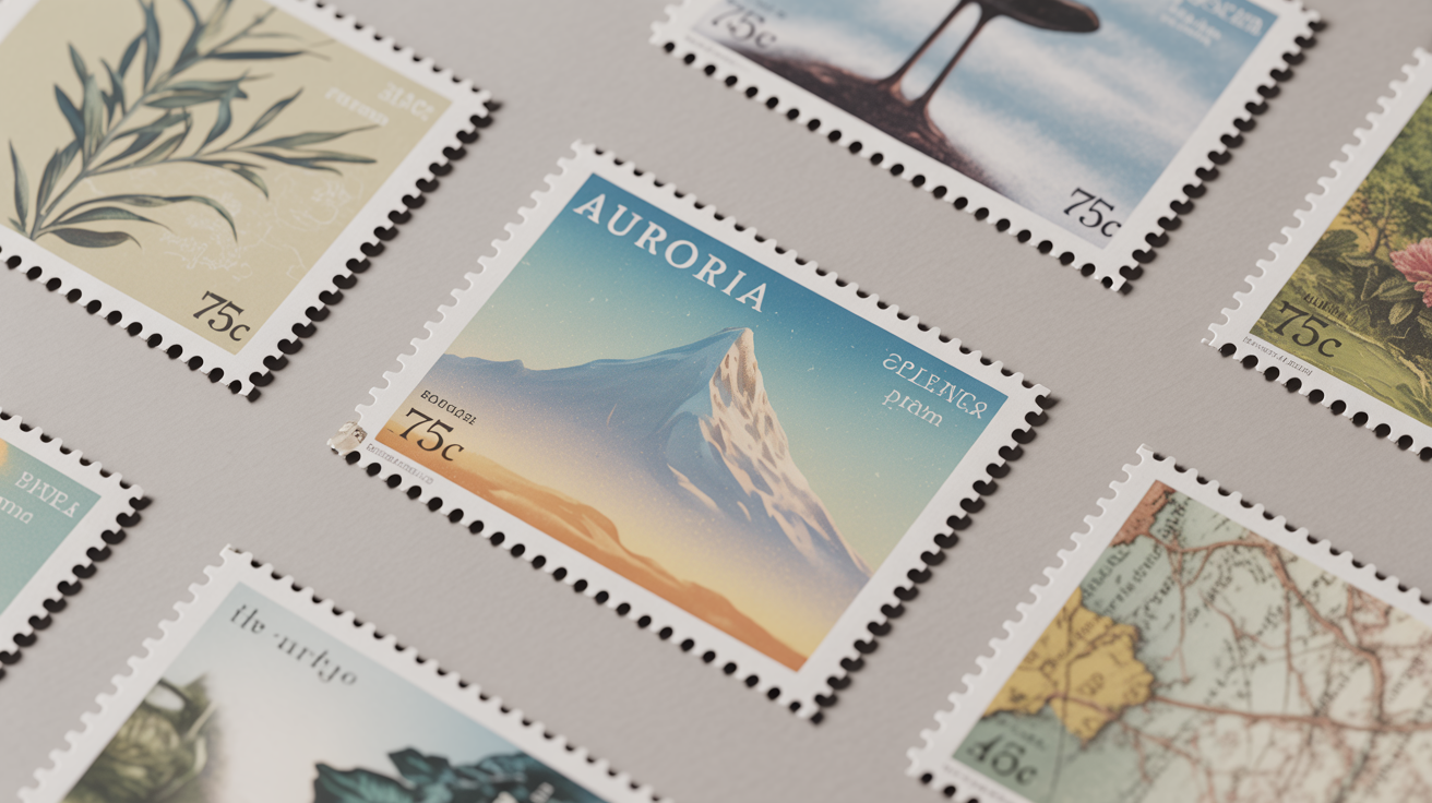 A flat lay mockup of several vintage-style postage stamps on a white background. The central stamp features an illustration of a snow-capped mountain and the text 'AURORIA' and '75c'.