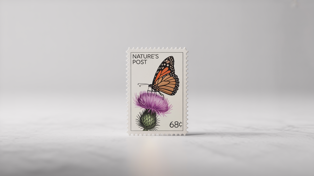 A photorealistic mockup of a postage stamp with perforated edges, featuring a detailed illustration of a monarch butterfly on a thistle. The stamp has the text 'NATURE'S POST' and '68¢' and is shown on a plain white background.