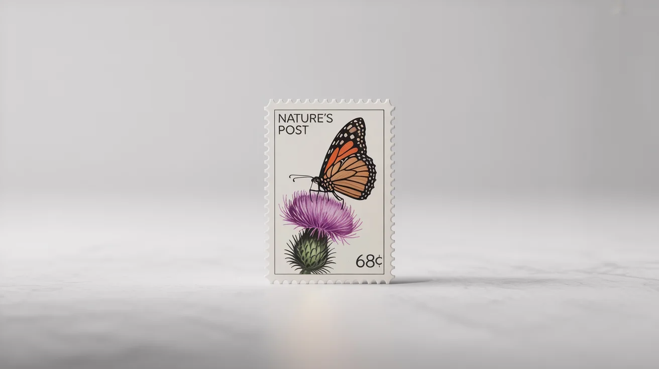 A photorealistic mockup of a postage stamp with perforated edges, featuring a detailed illustration of a monarch butterfly on a thistle. The stamp has the text 'NATURE'S POST' and '68¢' and is shown on a plain white background.