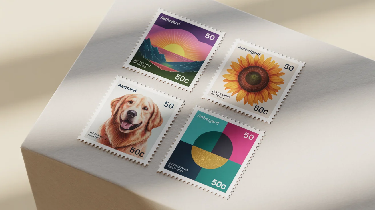 A collection of four custom-designed postage stamps with perforated edges, displayed on a white background. The stamps feature a mountain sunrise, a sunflower, a golden retriever, and an abstract pattern.