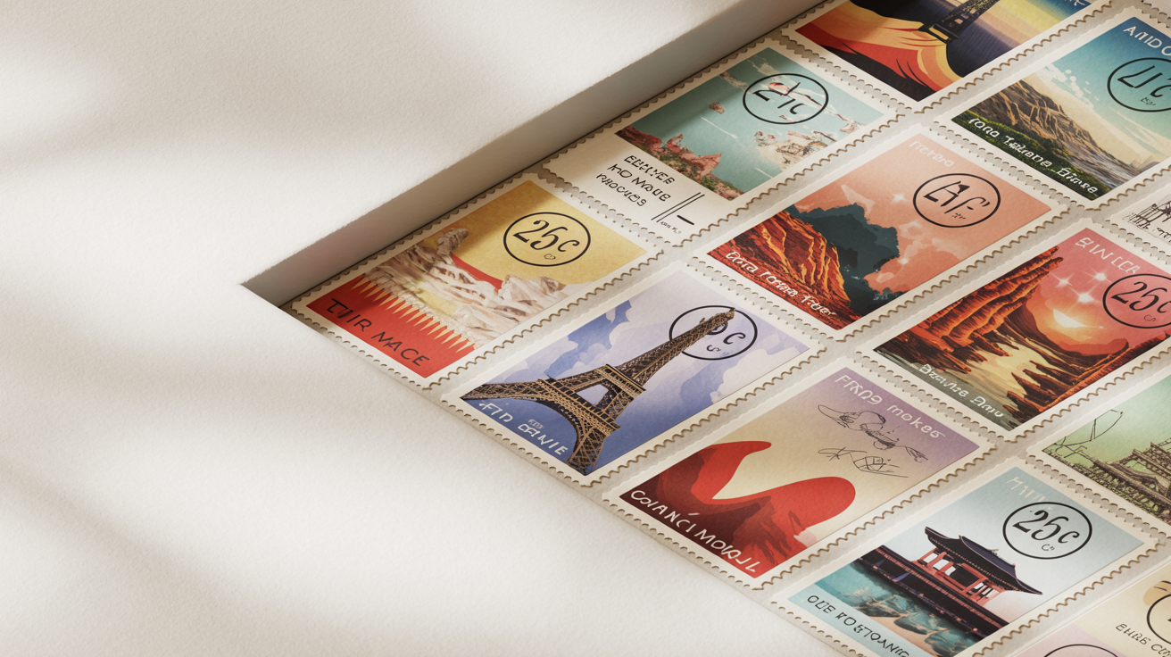 A collection of vintage travel-themed postage stamps arranged in a rectangular frame on a white background, creating a decorative border.